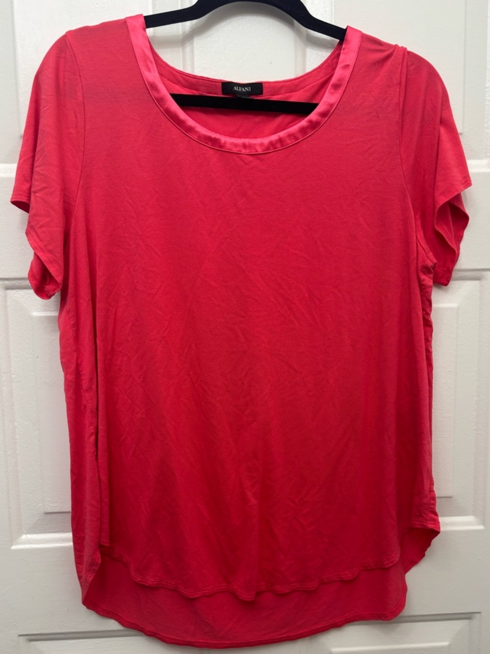 Alfani Coral Pink Short Sleeve Scoop Neck Top with Satin Trim